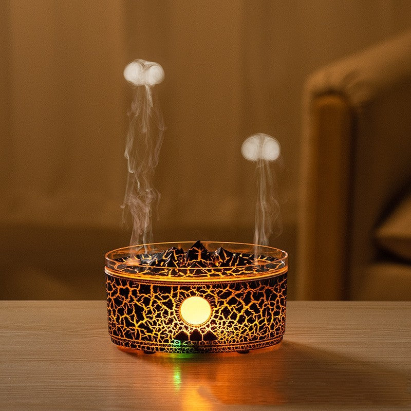 VolcanoMist Diffuser in Warm Lighting Mode – LED On with Mist Output