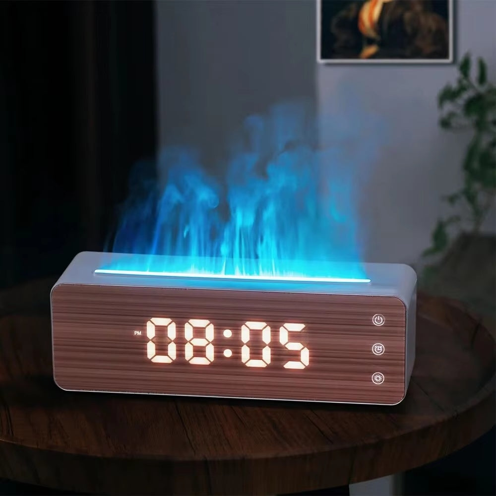 Flame humidifier displaying digital clock and temp